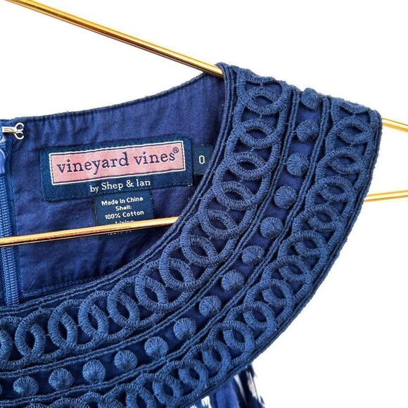Vineyard Vines Blue White Ikat Print Embroidered Collar 100% Cotton Dress Size 0 - Picture 3 of 7